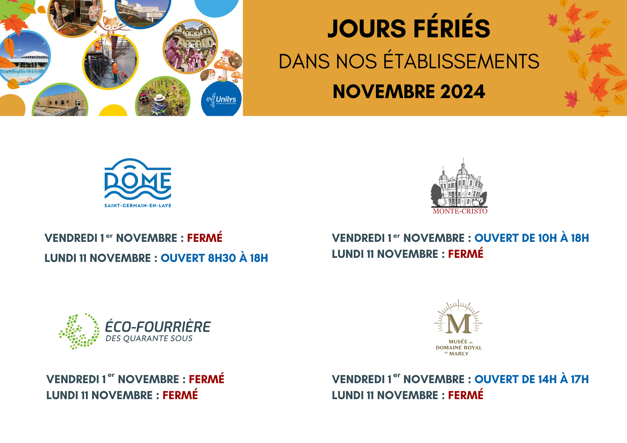 Les jours fériés de novembre 2024 dans nos établissements 