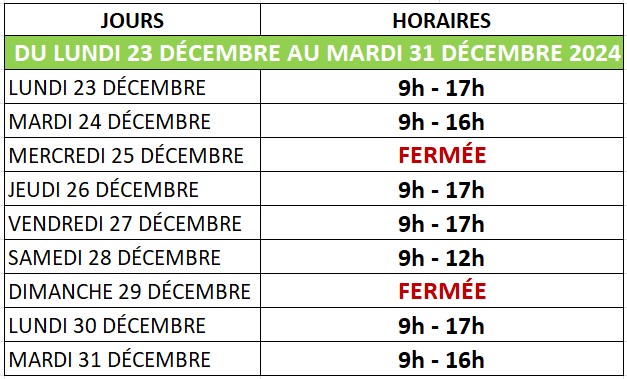 Les horaires de l'éco-fourrière du 23 au 31 décembre 2024 : - De 9h à 17h les jours suivants : lundi 23, jeudi 26, vendredi 27 et lundi 30 décembre 2024, - De 9h à 16h les jours suivants : les mardis 24 et 31 décembre 2024, - De 9h à 12h le samedi 28 décembre 2024.