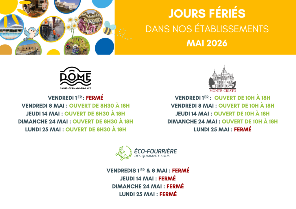 Image d’information intitulée « Jours fériés dans nos établissements – mai 2026 ». En haut, un bandeau jaune avec des illustrations circulaires de lieux et d’activités.
Trois établissements sont présentés avec leurs horaires.
Dôme Saint‑Germain‑en‑Laye : vendredi 1er mai fermé ; vendredi 8 mai ouvert de 8h30 à 18h ; jeudi 14 mai ouvert de 8h30 à 18h ; dimanche 24 mai ouvert de 8h30 à 18h ; lundi 25 mai ouvert de 8h30 à 18h.
Château de Monte‑Cristo : vendredi 1er mai ouvert de 10h à 18h ; vendredi 8 mai ouvert de 10h à 18h ; jeudi 14 mai ouvert de 10h à 18h ; dimanche 24 mai ouvert de 10h à 18h ; lundi 25 mai fermé.
Éco‑Fourrière des Quarante Sous : vendredis 1er et 8 mai fermés ; jeudi 14 mai fermé ; dimanche 24 mai fermé ; lundi 25 mai fermé.
Les mots « ouvert » apparaissent en vert et « fermé » en rouge.