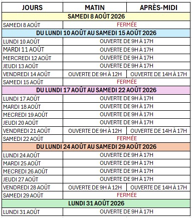 Tableau des horaires d’ouverture de l’Éco-Fourrière des Quarante Sous pour août 2026, organisé par semaine avec les colonnes « Jours », « Matin » et « Après-midi ».

Samedi 8 août : fermé.
Du lundi 10 au samedi 15 août : ouvert de 9 h à 17 h du lundi au jeudi ; vendredi 14 août ouvert de 9 h à 12 h et de 14 h à 17 h ; samedi 15 août fermé.
Du lundi 17 au samedi 22 août : mêmes horaires, ouvert de 9 h à 17 h du lundi au jeudi ; vendredi 21 août ouvert de 9 h à 12 h et de 14 h à 17 h ; samedi 22 août fermé.
Du lundi 24 au samedi 29 août : mêmes horaires, ouvert de 9 h à 17 h du lundi au jeudi ; vendredi 28 août ouvert de 9 h à 12 h et de 14 h à 17 h ; samedi 29 août fermé.
Lundi 31 août : ouvert de 9 h à 17 h.

Le tableau utilise des couleurs différentes pour distinguer les semaines, avec les jours de fermeture indiqués en rouge.
