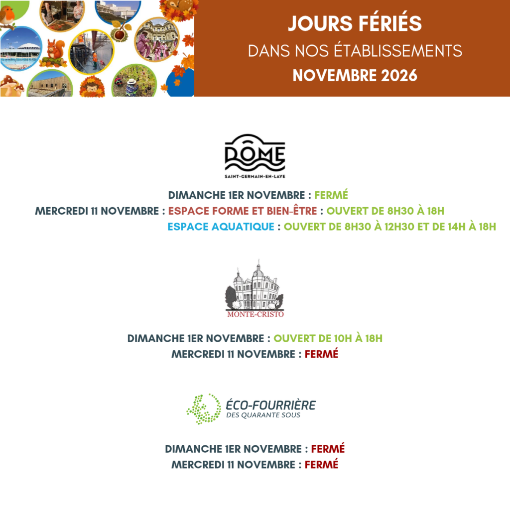 Visuel d’information intitulée « Jours fériés dans nos établissements – Novembre 2026 ». Les horaires d’ouverture sont indiqués pour trois établissements.
Dôme Saint-Germain-en-Laye : fermé le dimanche 1er novembre. Le mercredi 11 novembre, l’espace forme et bien-être est ouvert de 8h30 à 18h et l’espace aquatique de 8h30 à 12h30 puis de 14h à 18h.
Monte-Cristo : ouvert de 10h à 18h le dimanche 1er novembre, fermé le mercredi 11 novembre.
Éco-Fourrière des Quarante Sous : fermée le dimanche 1er novembre et le mercredi 11 novembre.